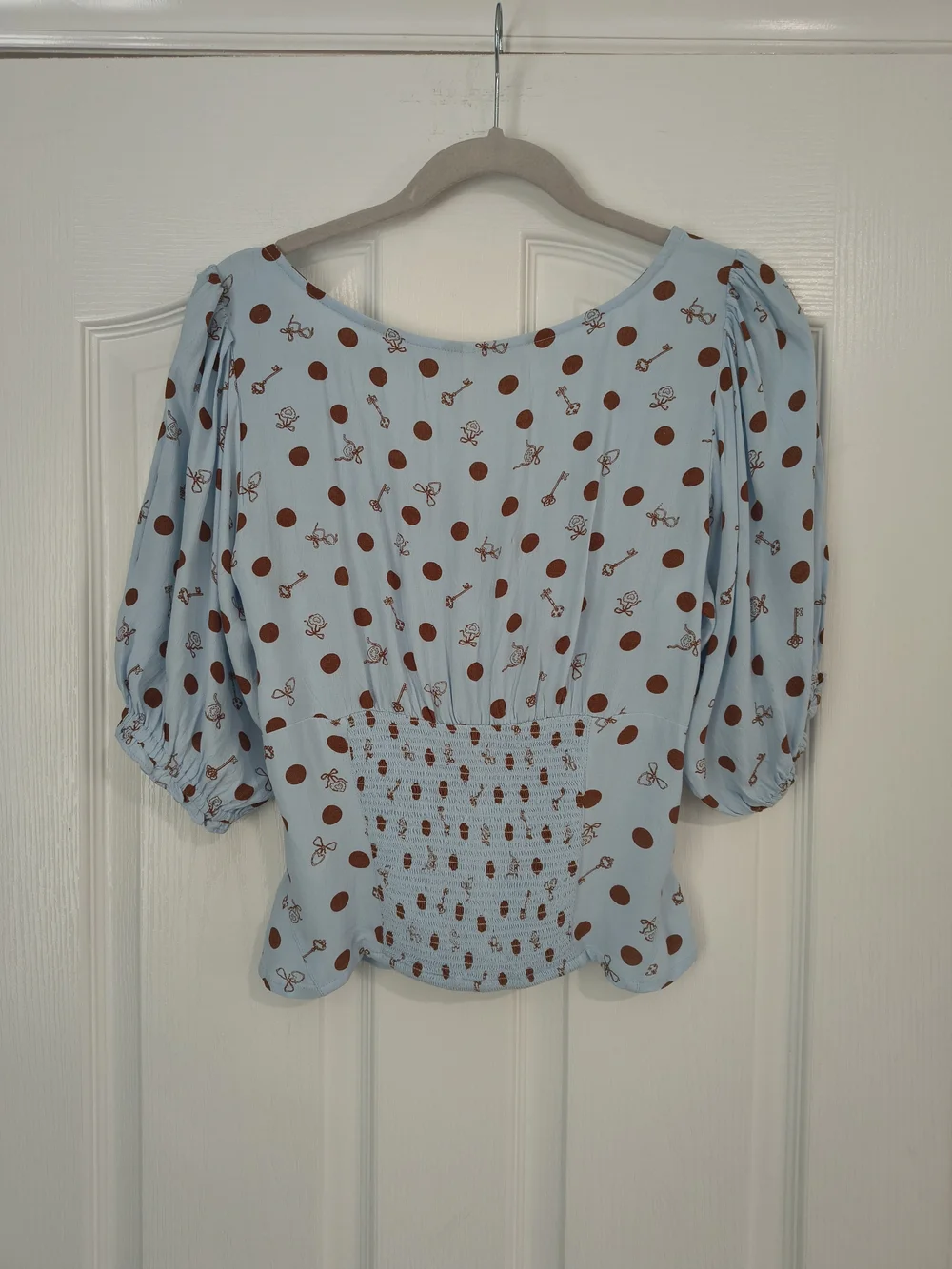 Free People Light Blue Polka Dot Tie-Front Puff Sleeve Top